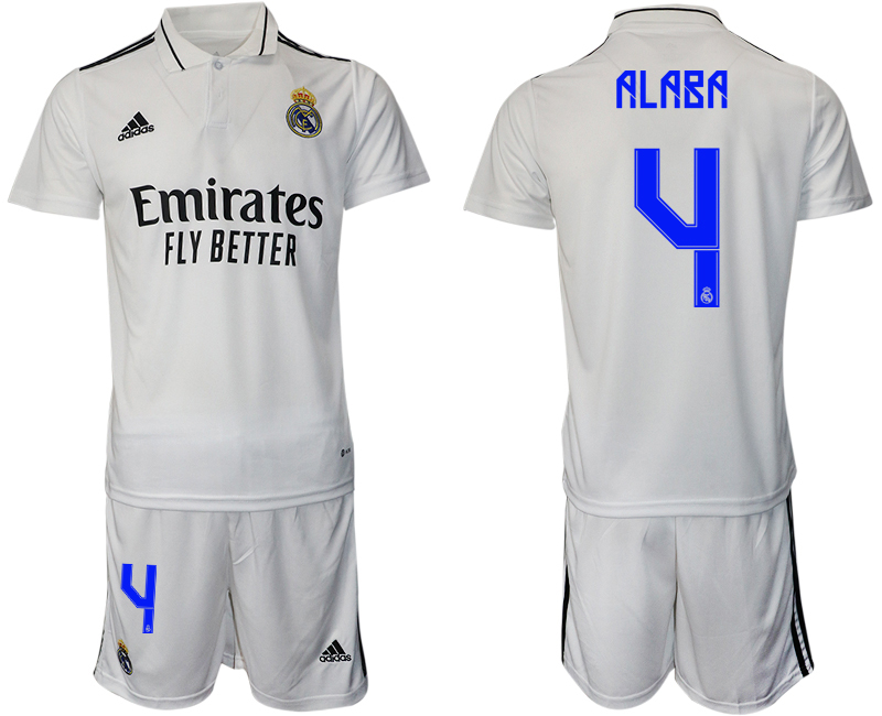 Men's Real Madrid #4 David Alaba 22/23 White Home Soccer Jersey Suit